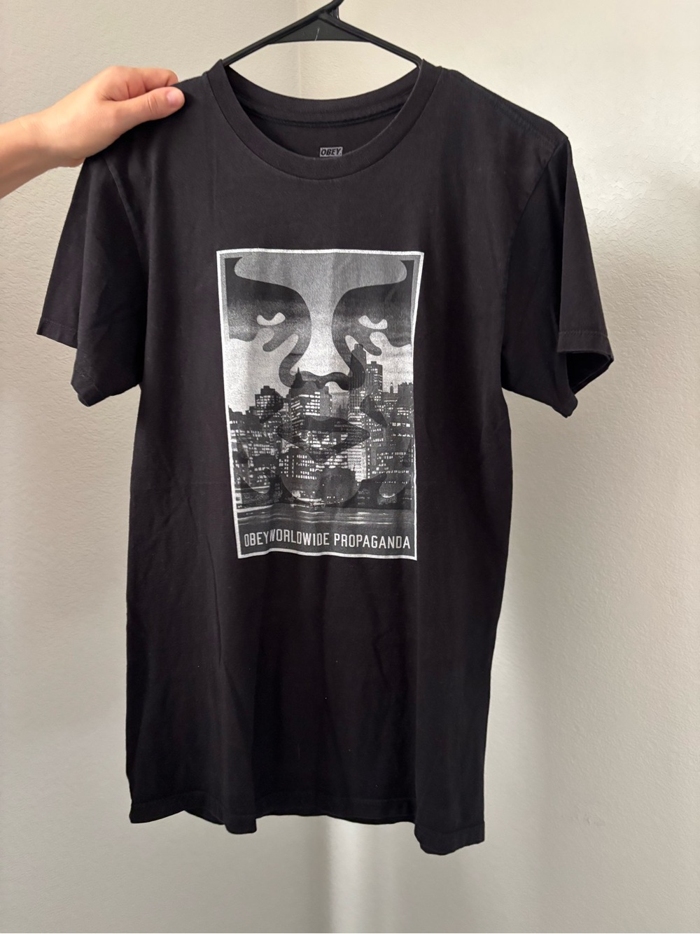 Obey Black Short-Sleeve Tee with Monochrome City Face Graphic